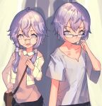  1boy 1girl bag bespectacled brother_and_sister cio_hakatano collarbone commentary glasses highres jacket looking_at_another pink_shirt purple_hair shirt short_hair_with_long_locks short_sleeves shoulder_bag siblings sidelocks sketch spread_legs twins upper_body violet_eyes vocaloid voiceroid white_jacket white_shirt yuzuki_yukari yuzuki_yukari&#039;s_younger_twin_brother 