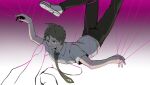  1boy absurdres ahoge arched_back bangs brown_hair brown_pants commentary_request dangan_ronpa_(series) dangan_ronpa_2:_goodbye_despair dress_shirt gradient gradient_background hands hanging highres hinata_hajime legs_up looking_at_viewer loose_necktie male_focus miniboy necktie pants pink_background pointing puppet_strings shirt shoes short_sleeves solo_focus string sweatdrop tuteurfars_shin white_background white_shirt yellow_eyes 