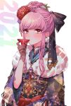  1girl alternate_costume alternate_hairstyle black_gloves black_nails blush bow chino_machiko drinking gloves hair_bow hair_bun hololive hololive_english japanese_clothes kimono looking_at_viewer mori_calliope pink_hair red_eyes simple_background skull solo winter_clothes 