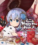  1girl 2021 angora_rabbit anko_(gochiusa) blue_eyes blue_hair blush flower gochuumon_wa_usagi_desu_ka? hair_between_eyes hair_flower hair_ornament happy_new_year highres houjichaoic japanese_clothes kafuu_chino light_blue_hair long_hair looking_at_viewer new_year rabbit solo tippy_(gochiusa) x_hair_ornament 