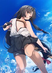  1girl bandeau black_eyes black_hair black_hakama blush bow_(weapon) breasts clouds day eyebrows_visible_through_hair hakama hakama_skirt highres holding holding_bow_(weapon) holding_weapon japanese_clothes kantai_collection kimono long_hair low-tied_long_hair medium_breasts mofu_namako open_mouth shouhou_(kantai_collection) solo very_long_hair water weapon white_kimono yumi_(bow) 