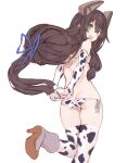  1girl alternate_costume animal_print arms_behind_back ass bangs bikini black_hair cow_print elbow_gloves from_behind gloves green_eyes hair_between_eyes hair_ribbon head_tilt headgear high_heels highres i-47_(kantai_collection) kantai_collection leg_up long_hair low-tied_long_hair open_mouth ribbon ryo_(tg290) side-tie_bikini sidelocks simple_background solo swimsuit thigh-highs tress_ribbon white_background 