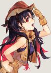  1girl bangs belt black_hair blue_bandeau breasts cowboy_hat cropped_vest earrings fate/grand_order fate_(series) fingerless_gloves gloves hankuri hat hoop_earrings hankuri ishtar_(fate)_(all) jewelry long_hair looking_at_viewer medium_breasts multicolored_hair open_mouth red_eyes redhead shorts space_ishtar_(fate) two-tone_hair two_side_up vest yellow_gloves yellow_shorts yellow_vest 