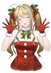  1girl ^_^ ahoge bangs bell blonde_hair blush breasts christmas closed_eyes collarbone commentary_request cropped_torso detached_collar dress ear_piercing eyebrows_visible_through_hair facing_viewer fang fur_collar fur_trim gloves green_neckwear green_ribbon hair_ornament hair_ribbon hands_up head_tilt highres jingle_bell large_breasts long_hair mole mole_under_eye neck_ribbon open_hands original piercing pom_pom_(clothes) red_dress red_gloves red_ribbon ribbon santa_dress sidelocks simple_background solo strapless strapless_dress twintails upper_body white_background x_hair_ornament xretakex |d 
