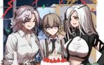  3girls alchemist_(girls_frontline) birthday_cake cake candle cheogtanbyeong closed_eyes eyepatch food girls_frontline grey_hair highres m200_(girls_frontline) multiple_girls necktie sharp_teeth sl8_(girls_frontline) teeth violet_eyes white_hair yellow_eyes 