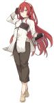  1girl ahoge bangs black_hairband boots bow breasts brown_pants commentary eris_greyrat gloves hair_between_eyes hairband long_hair looking_at_viewer mushoku_tensei pants redhead shirt shiseki_hirame simple_background small_breasts solo sword weapon white_background white_shirt 