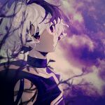  1girl branch chinese_commentary choker clouds commentary_request flower_(vocaloid) huaji_niang multicolored_hair parted_lips purple_hair purple_theme purple_vest solo streaked_hair tears upper_body v_flower_(vocaloid4) vest violet_eyes vocaloid white_hair 