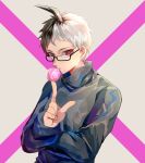  1boy absurdres bangs bespectacled brown_hair bubble_blowing chewing_gum commentary_request crazy_eyes cross dangan_ronpa_(series) dangan_ronpa_2:_goodbye_despair glasses grey_background hand_up highres hinata_hajime hinata_hajime_(awakened) index_finger_raised long_sleeves looking_at_viewer male_focus multicolored multicolored_eyes multicolored_hair pink_background short_hair solo spoilers sweater tuteurfars_shin two-tone_hair upper_body white_hair 