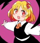  1girl black_skirt black_vest blonde_hair blush_stickers bow darkness fang hair_bow ini_(inunabe00) long_sleeves open_mouth outstretched_arms pink_background red_bow red_eyes red_neckwear rumia shirt short_hair simple_background skirt smile solo spread_arms touhou upper_body vest white_shirt 