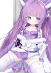  1girl azur_lane bangs bare_shoulders blue_eyes boots breasts commentary_request dress eyebrows_visible_through_hair fur-trimmed_jacket fur-trimmed_legwear fur_trim highres jacket kokone_(coconeeeco) long_sleeves looking_at_viewer off_shoulder parted_lips plaid plaid_dress purple_dress purple_hair small_breasts solo spread_legs squatting tashkent_(azur_lane) tashkent_(muse)_(azur_lane) thigh-highs thigh_boots white_background white_footwear white_jacket white_legwear 