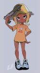  1girl black_shorts blonde_hair blue_footwear closed_mouth commentary dark_skin dolphin_shorts full_body grey_background grey_eyes holding holding_weapon imaikuy0 looking_at_viewer makeup mascara medium_hair n-zap_(splatoon) octoling panties print_shirt shirt shoes short_shorts short_sleeves shorts side-tie_panties sneakers solo splatoon_(series) splatoon_2 standing suction_cups symbol_commentary t-shirt tentacle_hair tulip_hat underwear weapon yellow_headwear 