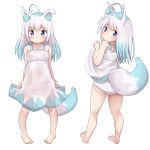  1girl :o ahoge animal_ear_fluff animal_ears ass bare_arms bare_shoulders barefoot blue_hair blush closed_mouth collarbone commentary_request dress dress_lift fox_ears fox_girl fox_tail highres lifted_by_self long_hair looking_at_viewer looking_back mochiyuki multicolored_hair multiple_views original panties parted_lips polka_dot polka_dot_panties simple_background sleeveless sleeveless_dress standing tail two-tone_hair underwear white_background white_dress white_hair white_panties 