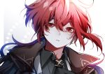  1boy bangs black_coat coat collared_coat collared_jacket collared_shirt diluc_(genshin_impact) epaulettes genshin_impact hair_between_eyes highres long_hair looking_at_viewer male_focus necktie red_eyes redhead shirt simple_background solo usako1031 