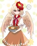  ... 1girl animal_on_head bird bird_on_head bird_tail bird_wings blonde_hair bowl chick commentary_request dress egg feathered_wings highres holding holding_bowl multicolored_hair neckerchief niwatari_kutaka on_head orange_dress red_eyes red_neckerchief redhead shirt short_hair spoken_ellipsis tail tail_feathers touhou two-tone_hair white_shirt wings yellow_wings zabuton_(mgdw5574) 