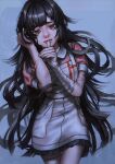  1girl apron bandages bandaid bandaid_on_arm bandaid_on_cheek bangs blue_background commentary_request cowboy_shot crying crying_with_eyes_open dangan_ronpa_(series) dangan_ronpa_2:_goodbye_despair hand_in_hair hands_up highres k041800 long_hair looking_at_viewer mole mole_under_eye open_mouth pink_shirt pleated_skirt puffy_short_sleeves puffy_sleeves purple_hair shirt short_sleeves signature simple_background skirt solo tears thumb_to_mouth tsumiki_mikan violet_eyes white_apron 