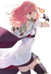  1girl aisutabetao cape celica_(fire_emblem) dress fingerless_gloves fire fire_emblem fire_emblem_echoes:_shadows_of_valentia gloves hairband highres looking_to_the_side red_eyes redhead thigh-highs wavy_hair white_background white_dress 