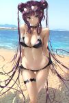  1girl bangs bare_shoulders beach bikini bikini_pull black_bikini black_bow blue_eyes blue_sky blush bow breasts choker collarbone double_bun eyewear_on_head fate/grand_order fate_(series) hair_bow hair_ornament heart heart-shaped_eyewear highres honey_lake large_breasts leaf_hair_ornament leg_garter long_hair looking_at_viewer purple_hair sakazakinchan scrunchie sidelocks sky sunglasses swimsuit thighs twintails very_long_hair wrist_scrunchie yang_guifei_(fate/grand_order) 