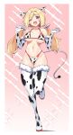  ;d absurdres aki_rosenthal animal_ears animal_print bikini blonde_hair blue_eyes blush breasts collarbone cow_ears cow_print cow_tail elbow_gloves electriccross eyebrows_visible_through_hair fake_animal_ears full_body fur-trimmed_legwear fur_trim gloves gradient gradient_background highres hololive large_breasts long_hair looking_at_viewer low_twintails navel one_eye_closed open_mouth pink_background smile sparkle_background standing standing_on_one_leg swimsuit tail teeth twintails upper_teeth v virtual_youtuber white_bikini white_gloves 