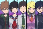  2girls 3boys ahoge akamatsu_kaede bangs black_hair black_jacket blonde_hair brother_and_sister brown_hair collarbone collared_shirt commentary_request dangan_ronpa:_trigger_happy_havoc dangan_ronpa_(series) dangan_ronpa_2:_goodbye_despair dangan_ronpa_another_episode:_ultra_despair_girls dangan_ronpa_v3:_killing_harmony double-breasted eighth_note frown gradient gradient_background green_eyes green_jacket green_neckwear grey_shirt hair_between_eyes hair_ornament highres hinata_hajime jacket long_hair looking_at_viewer lower_teeth multiple_boys multiple_girls musical_note musical_note_hair_ornament naegi_komaru naegi_makoto necktie open_clothes open_jacket open_mouth pink_background pink_eyes red_neckwear saihara_shuuichi sailor_collar school_uniform shirt short_hair siblings spoilers suzumetarou sweat teeth trait_connection upper_body white_shirt 