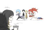  2boys 4girls angela_(lobotomy_corporation) anger_vein angry animal_print aqua_hair bare_legs bare_shoulders binah_(lobotomy_corporation) black_hair black_suit blonde_hair blood blue_coat blue_hair braid braided_bun chesed_(lobotomy_corporation) coat collared_shirt colored_inner_hair commentary_request cow_print crop_top cup eyeball fleeing formal gebura_(lobotomy_corporation) hairband holding holding_cup holding_sword holding_weapon kan_(aaaaari35) library_of_ruina long_coat long_hair long_sleeves looking_at_another medium_hair multicolored_hair multiple_boys multiple_girls neck_ribbon open_clothes open_coat ponytail pool_of_blood purple_coat redhead ribbon roland_(library_of_ruina) running scar scar_across_eye scar_on_cheek scar_on_face scar_on_leg scar_on_stomach shirt short_hair sidelocks sideways_mouth simple_background suit sweatdrop sword tied_hair tiphereth_(lobotomy_corporation) two-tone_hair unconscious weapon white_background white_shirt wide-eyed yellow_coat yellow_eyes 