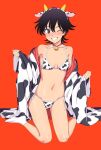  1girl ;d animal_ears animal_print bare_shoulders bell bell_choker bikini black_hair blush breasts choker closed_eyes collarbone copyright_request cow_ears cow_horns cow_print fake_animal_ears fake_horns full_body grin highres horns japanese_clothes kimono kneeling kumadano long_sleeves navel off_shoulder one_eye_closed open_clothes open_kimono open_mouth pink_choker print_kimono red_background ribbon short_hair side-tie_bikini simple_background small_breasts smile socks solo stomach swimsuit teeth violet_eyes white_legwear white_ribbon wide_sleeves 