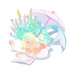  1girl bare_shoulders blonde_hair book crazy_straw drinking_straw eyewear_on_head flower food fruit head_rest highres leaf lemon lemon_slice long_hair lying mermaid monster_girl mu_mashu off-shoulder_shirt off_shoulder on_stomach orange_shirt original pink_umbrella plant profile puffy_short_sleeves puffy_sleeves purple_flower reading shadow shell shirt short_sleeves solo umbrella 