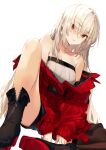  asymmetrical_legwear bare_shoulders boots closed_mouth collarbone eyebrows eyebrows_visible_through_hair eyelashes haruato highres jacket long_hair red_eyes red_jacket shirt shorts source_request strapless thigh-highs white_background white_hair white_shirt zipper 