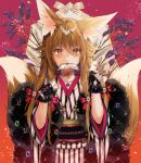  1girl animal_ear_fluff animal_ears bangs black_gloves brown_eyes brown_hair closed_mouth commentary_request eyebrows_visible_through_hair fangs flower fox_ears fox_girl fox_tail fur_trim gloves hair_between_eyes hands_up highres holding holding_money japanese_clothes jewelry kimono kitsune long_hair looking_at_viewer monaka_natsume money mouth_hold multiple_tails obi original purple_flower ring sash short_sleeves solo striped tail tail_raised two_tails upper_body vertical-striped_kimono vertical_stripes very_long_hair wide_sleeves 