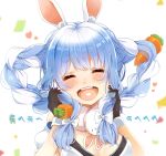  1girl animal_ears blue_hair braid carrot closed_eyes confetti don-/wbg don-chan_(usada_pekora) facing_viewer heart heart_in_mouth highres holding holding_hair hololive laughing multicolored_hair nira_(vira) open_mouth playing_with_hair rabbit_ears sidelocks solo twin_braids twintails two-tone_hair upper_body usada_pekora virtual_youtuber 