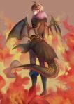  1boy absurdres ahoge arms_at_sides bangs boots brown_background brown_coat brown_eyes brown_hair brown_pants coat commentary_request dangan_ronpa_(series) dangan_ronpa_2:_goodbye_despair dragon_boy dragon_tail dragon_wings earrings fire from_behind full_body fur-trimmed_boots fur-trimmed_coat fur_trim highres hinata_hajime jewelry looking_at_viewer looking_back male_focus pants pointy_ears short_hair solo standing tail tuteurfars_shin wings 