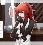  ...? 1boy absurdres black_gloves black_neckwear collared_shirt diluc_(genshin_impact) genshin_impact gloves highres long_hair long_sleeves male_focus necktie ponytail red_eyes shirt solo usako1031 white_shirt 