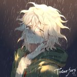 artist_name bangs brown_background brown_eyes clouds cloudy_sky collarbone commentary_request crying crying_with_eyes_open dangan_ronpa_(series) dangan_ronpa_2:_goodbye_despair dated green_jacket grey_background grey_shirt hair_between_eyes hood hooded_jacket jacket komaeda_nagito light looking_at_viewer male_focus medium_hair messy_hair portrait rain shirt sky solo tears tuteurfars_shin upper_body wet wet_clothes wet_hair white_hair 