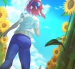  1boy 1girl blue_bow blue_pants bow clouds commentary_request day denim dutch_angle feet_out_of_frame field flower flower_field from_behind from_below hair_bow kohaku_(tsukihime) outdoors pants redhead shirt short_hair short_sleeves sky solo_focus standing sunflower t-shirt tohno_shiki tsukihime vosem white_shirt wind 