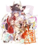  1girl animal_ears animal_print bangs blush breasts cow_ears cow_girl cow_hat cow_horns cow_print draph ear_piercing granblue_fantasy haku_(sabosoda) horns large_breasts long_hair long_sleeves looking_at_viewer micro_shorts open_mouth piercing shatola_(granblue_fantasy) sheer_clothes shorts white_shorts 