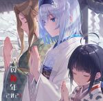  2021 3girls black_hair brown_hair character_request closed_eyes copyright_request hairband japanese_clothes kimono multiple_girls new_year praying shirabi shoes shrine translation_request white_hair 