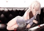  bare_shoulders couch eyebrows eyebrows_visible_through_hair eyelashes haruato petals red_eyes source_request thighs white_background white_hair 