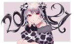  1girl 2021 :o animal_print bangs bare_shoulders black_choker black_legwear blush border bow cha_sakura choker commentary_request cow_print fur_trim hair_bow hands_on_own_cheeks hands_on_own_face highres jewelry long_sleeves looking_at_viewer multicolored multicolored_hair multicolored_nails nail_polish open_mouth original outside_border print_bow purple_background red_eyes ring silver_hair simple_background solo squatting twintails two-tone_hair upper_body watch watch white_border 