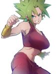  1girl breasts clenched_hand clenched_teeth dragon_ball dragon_ball_super earrings green_eyes green_hair jewelry kefla_(dragon_ball) kemachiku large_breasts looking_at_viewer midriff potara_earrings simple_background smile solo super_saiyan teeth white_background 