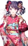  1girl :d absurdres bag bow braid eyebrows_visible_through_hair fangs fukumaru_koito gocoli hair_between_eyes hair_bow hair_bun hair_ornament hairband handbag highres idolmaster idolmaster_shiny_colors japanese_clothes kimono looking_at_viewer open_mouth pink_eyes pink_kimono purple_hair short_twintails simple_background smile solo standing twintails white_background 