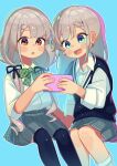  2girls absurdres aqua_background aqua_eyes bangs black_legwear black_ribbon black_sweater_vest bow bowtie braid brown_eyes collared_shirt earrings feet_out_of_frame green_neckwear grey_hair grey_skirt hair_ribbon highres hisakawa_hayate hisakawa_nagi holding holding_phone idolmaster idolmaster_cinderella_girls invisible_chair jewelry long_hair long_sleeves moai_(more_e_4km) multiple_girls open_mouth over-kneehighs phone plaid_neckwear pleated_skirt ribbon shirt shirt_tucked_in short_sleeves simple_background sitting skirt smile socks thigh-highs twintails white_legwear white_shirt 