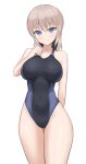  1girl absurdres black_swimsuit blue_eyes breasts collarbone commentary_request competition_swimsuit covered_navel grey_hair haeil2 highres large_breasts looking_at_viewer one-piece_swimsuit short_hair simple_background solo standing swimsuit uzaki-chan_wa_asobitai! uzaki_hana white_background 