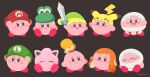  :d :o animal_crossing black_background blue_eyes blush_stickers character_hat closed_mouth copy_ability cosplay gen_1_pokemon green_headwear hat holding holding_sword holding_weapon inkling isabelle_(animal_crossing) jigglypuff kirby kirby_(series) link looking_at_viewer looking_to_the_side luigi mario super_mario_bros. no_humans open_mouth pikachu piranha_plant piranha_plant_(cosplay) pokemon red_footwear red_headwear rizu_(rizunm) shoes simple_background sitting sleeping smile splatoon_(series) standing super_smash_bros. sword tentacle_hair the_legend_of_zelda twitter_username weapon yellow_headwear yoshi 