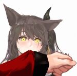  1girl animal_ears bangs biting biting_clothes brown_hair dated e.de.n fox_ears girls_frontline hair_between_eyes long_hair long_sleeves official_alternate_costume photo-referenced pov pov_hands scar scar_across_eye simple_background solo_focus ump45_(girls_frontline) white_background yellow_eyes 