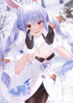  1girl :d animal_ear_fluff animal_ears bae.c bangs bare_shoulders black_gloves black_leotard blue_hair bow braid breasts brown_legwear carrot_hair_ornament commentary_request day detached_sleeves don-chan_(usada_pekora) dress eyebrows_visible_through_hair food_themed_hair_ornament fur-trimmed_dress fur-trimmed_gloves fur_trim gloves hair_between_eyes hair_bow hair_ornament hands_up highres hololive leotard long_hair looking_at_viewer multicolored_hair open_mouth outdoors pantyhose puffy_short_sleeves puffy_sleeves rabbit_ears red_eyes short_eyebrows short_sleeves small_breasts smile snow standing strapless strapless_dress strapless_leotard thick_eyebrows twin_braids twintails two-tone_hair upper_teeth usada_pekora very_long_hair virtual_youtuber white_bow white_dress white_hair white_sleeves 