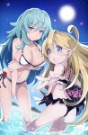  2girls :o ahoge aqua_hair arm_grab ass ball bangs beachball between_legs bikini blonde_hair blue_eyes carrying_under_arm day dutch_angle expressionless eyebrows_visible_through_hair hand_between_legs hand_on_thigh long_hair looking_at_viewer mary_skelter multiple_girls nanameda_kei official_art outdoors outstretched_arm outstretched_hand rapunzel_(mary_skelter) sleeping_beauty_(mary_skelter) slit_pupils sun swimsuit wading water wet 