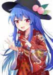  1girl alternate_costume bangs black_headwear blue_hair collarbone cowboy_shot double_v e.o. eyebrows_visible_through_hair floral_print food fruit hair_between_eyes highres hinanawi_tenshi japanese_clothes kimono leaf long_hair long_sleeves looking_at_viewer open_mouth peach red_eyes red_kimono simple_background smile standing touhou v v-shaped_eyebrows white_background wide_sleeves 