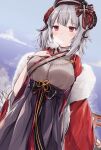  1girl absurdres azur_lane bangs bare_tree beret breath day english_commentary fur-trimmed_kimono fur_trim grey_hair hakama hand_on_own_chest hat highres horns iron_cross japanese_clothes kimono long_hair looking_at_viewer nurnberg_(azur_lane) nurnberg_(spring_wanderer)_(azur_lane) outdoors red_eyes sidelocks solo standing sunlight tanxkaa torii tree very_long_hair winter 