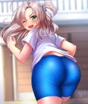 1girl absurdres ass bike_shorts blue_shorts blurry commentary_request cowboy_shot depth_of_field from_behind green_eyes grey_hair hair_tie highres kantai_collection kinugasa_(kantai_collection) looking_back one_eye_closed one_side_up panties_under_bike_shorts remodel_(kantai_collection) ribbon shirt shorts solo sweater t-shirt upper_body white_shirt zanntetu 
