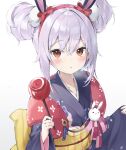  1girl alternate_costume alternate_hairstyle animal_ears azur_lane back_bow bangs blue_kimono blush bow brown_eyes candy_apple double_bun expressionless eyebrows_visible_through_hair fake_animal_ears food hair_between_eyes hairband highres holding holding_food japanese_clothes kimono laffey_(azur_lane) long_hair looking_at_viewer mint_(psmin30) obi parted_lips red_bow red_hairband sash sidelocks silver_hair simple_background solo symbol_commentary upper_body white_background wide_sleeves 