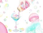 can cocktail_glass cup drinking_glass english_text hands highres holding holding_can jellyfish mu_mashu no_humans original pink_nails pouring reflection white_background 